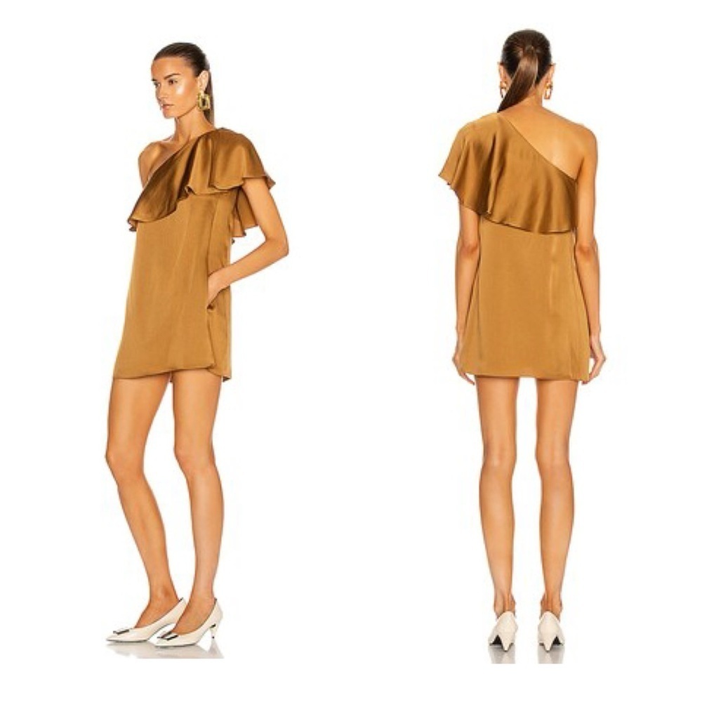 Saint Laurent Gold Satin One Shoulder Ruffle Mini Dress FR 38 US 6 NWT Cocktail - Picture 2 of 16